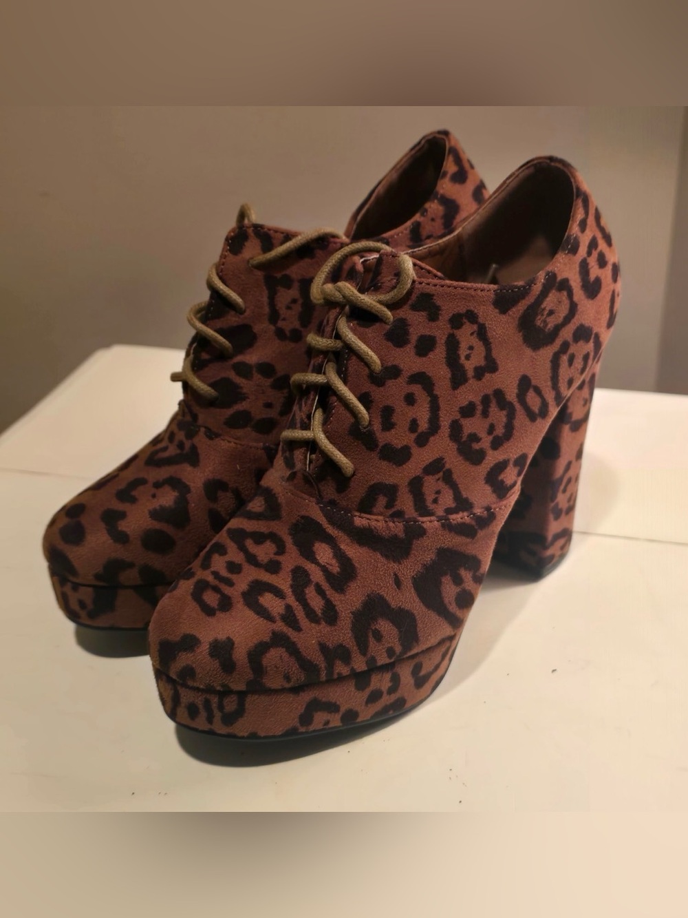 Allegra K Leopard print platform lace up chunky heel faux suede booties